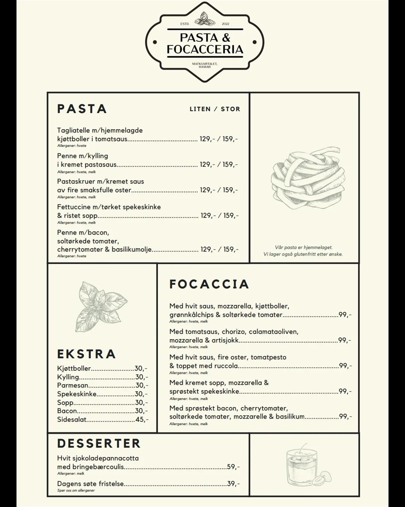 Pasta og Focacceria meny